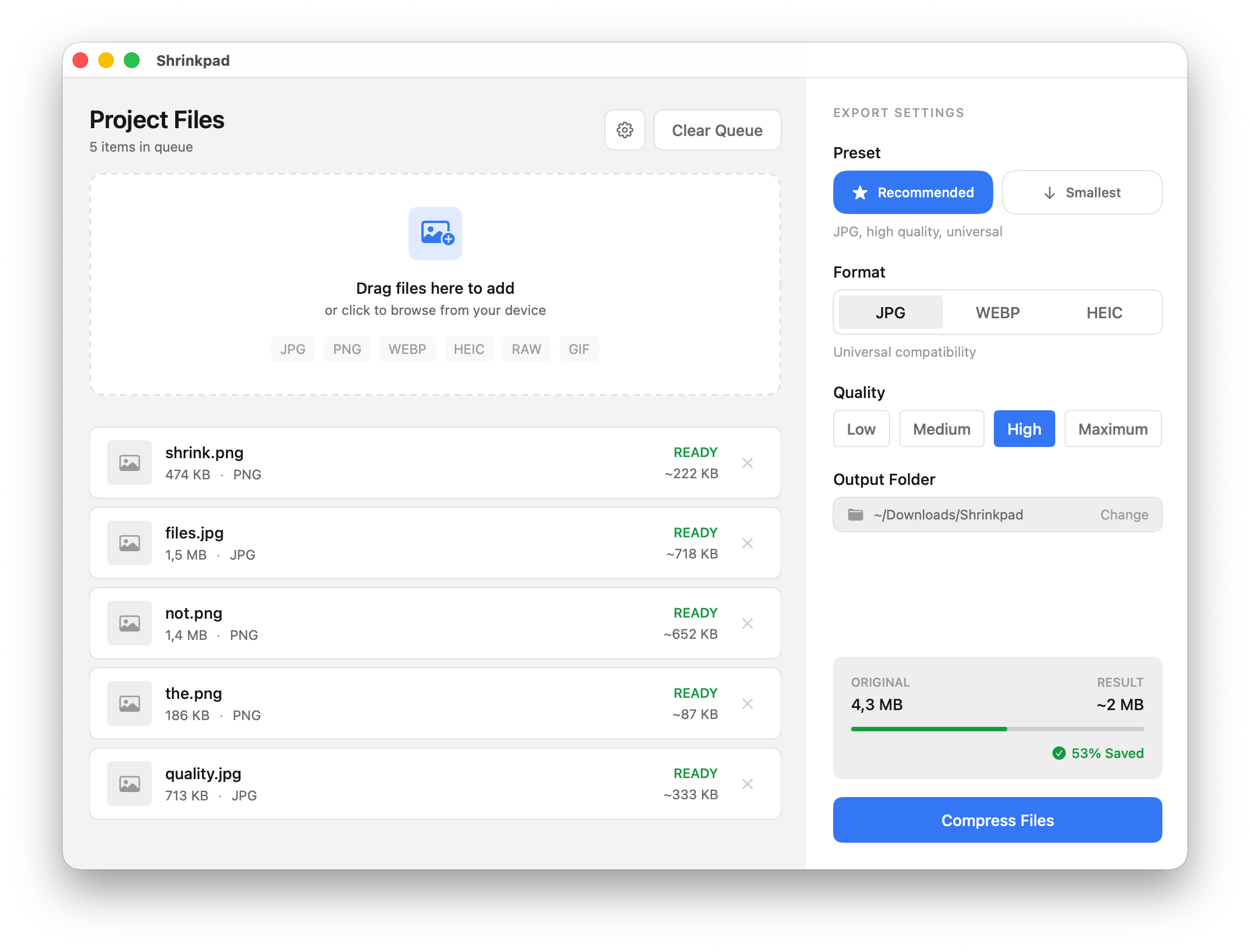 Shrinkpad app interface showing batch image and video compression